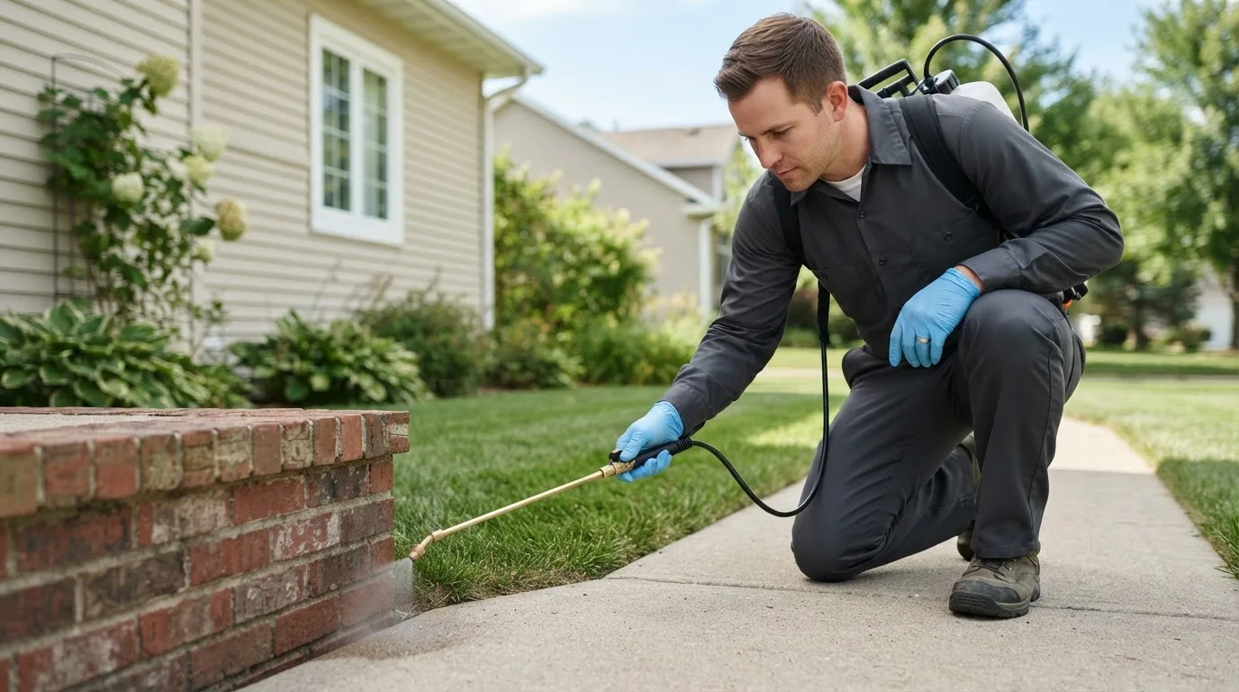 Pest control technician treating a home near East Meadow, NY