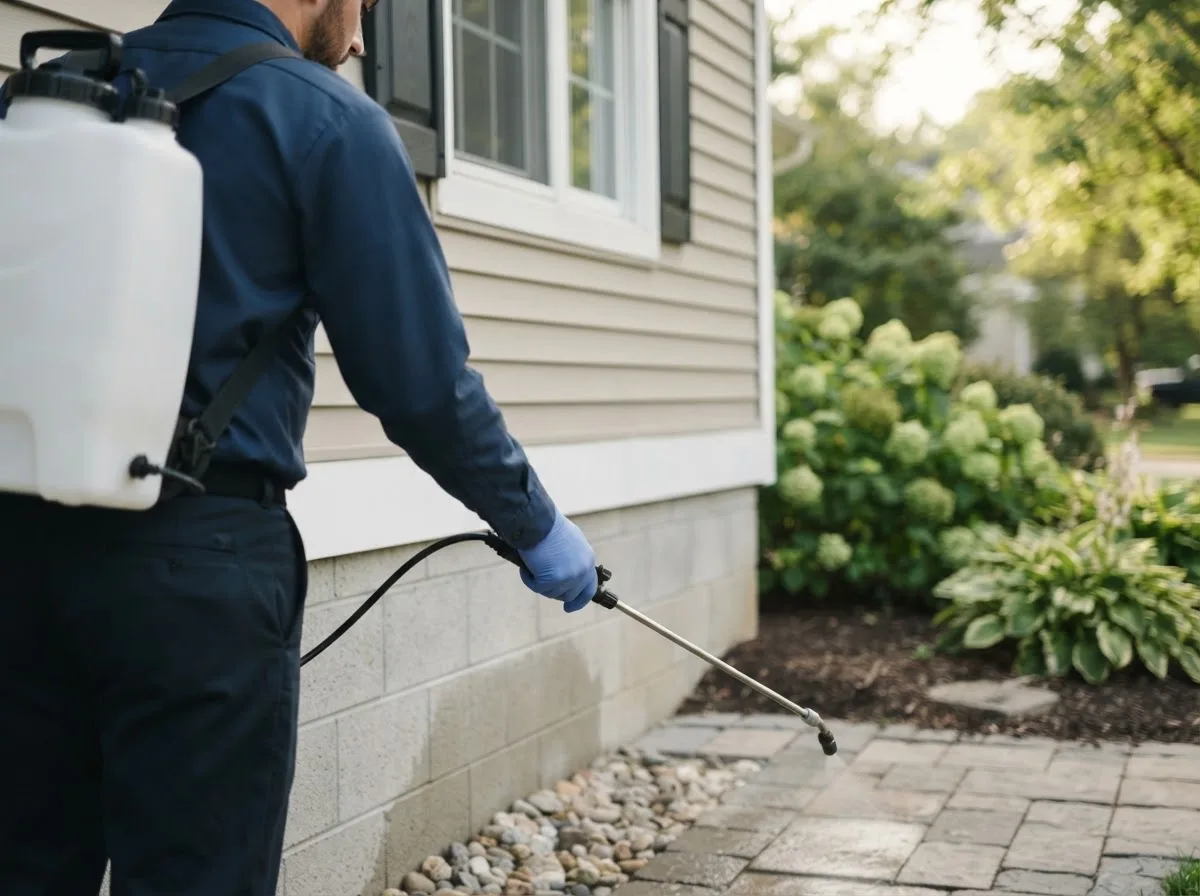 Pest control technician inspecting a home in East Meadow, NY